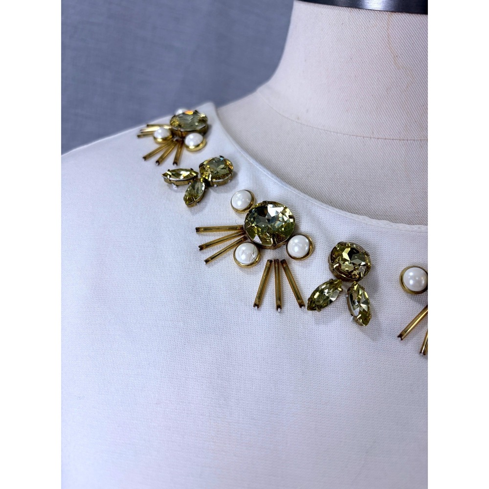 Eliza J Ivory Jewel Embellished Shift Dress Gold Beaded Neckline Size 8 - Picture 4 of 8